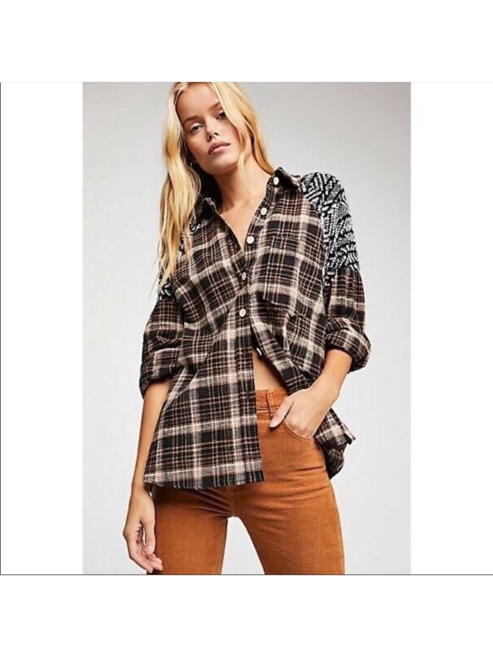Free People Fireside Nights Button-Down with Patterned Shoulders